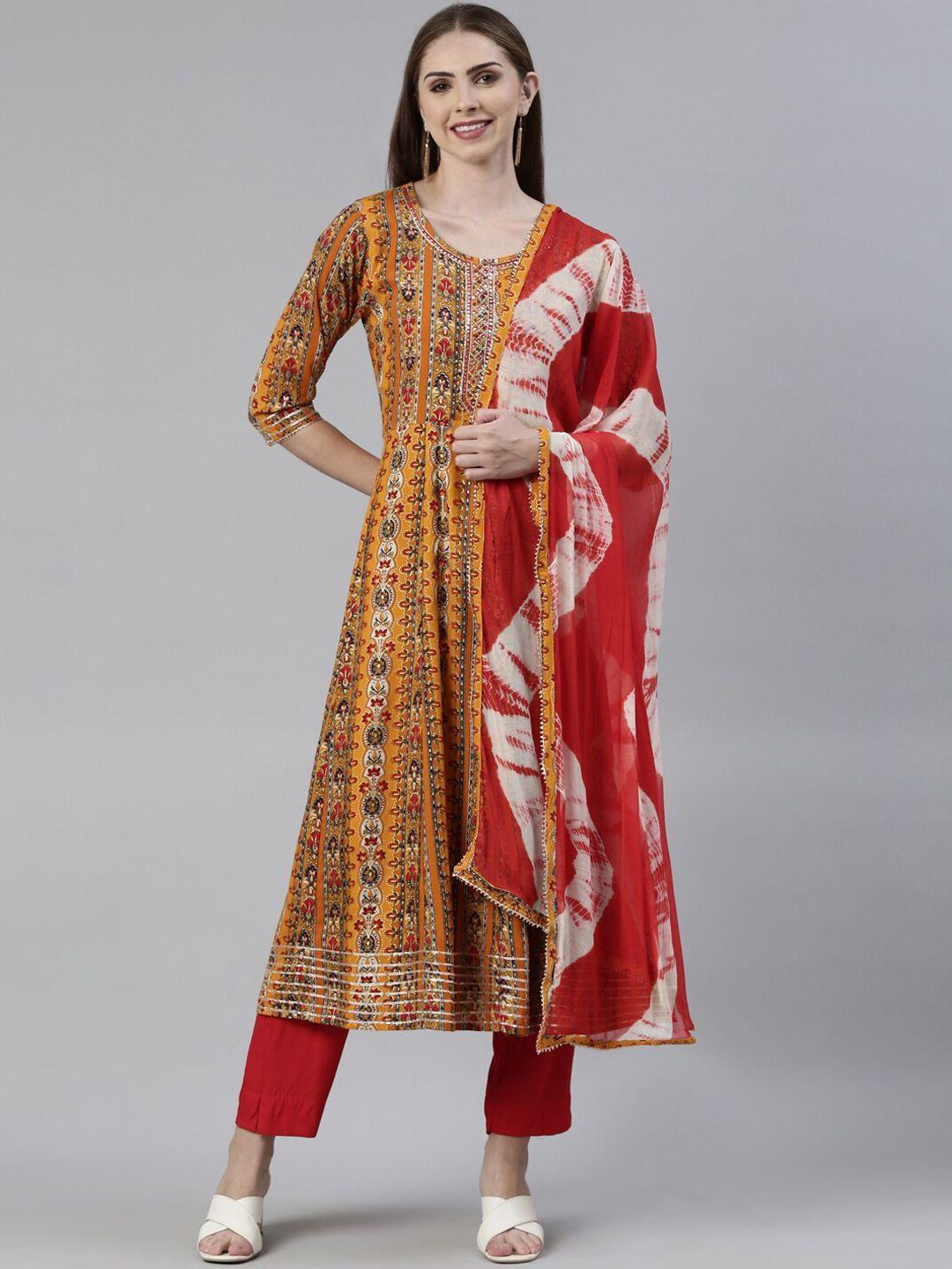 neerus floral printed mirror work anarkali kurta with trousers & dupatta