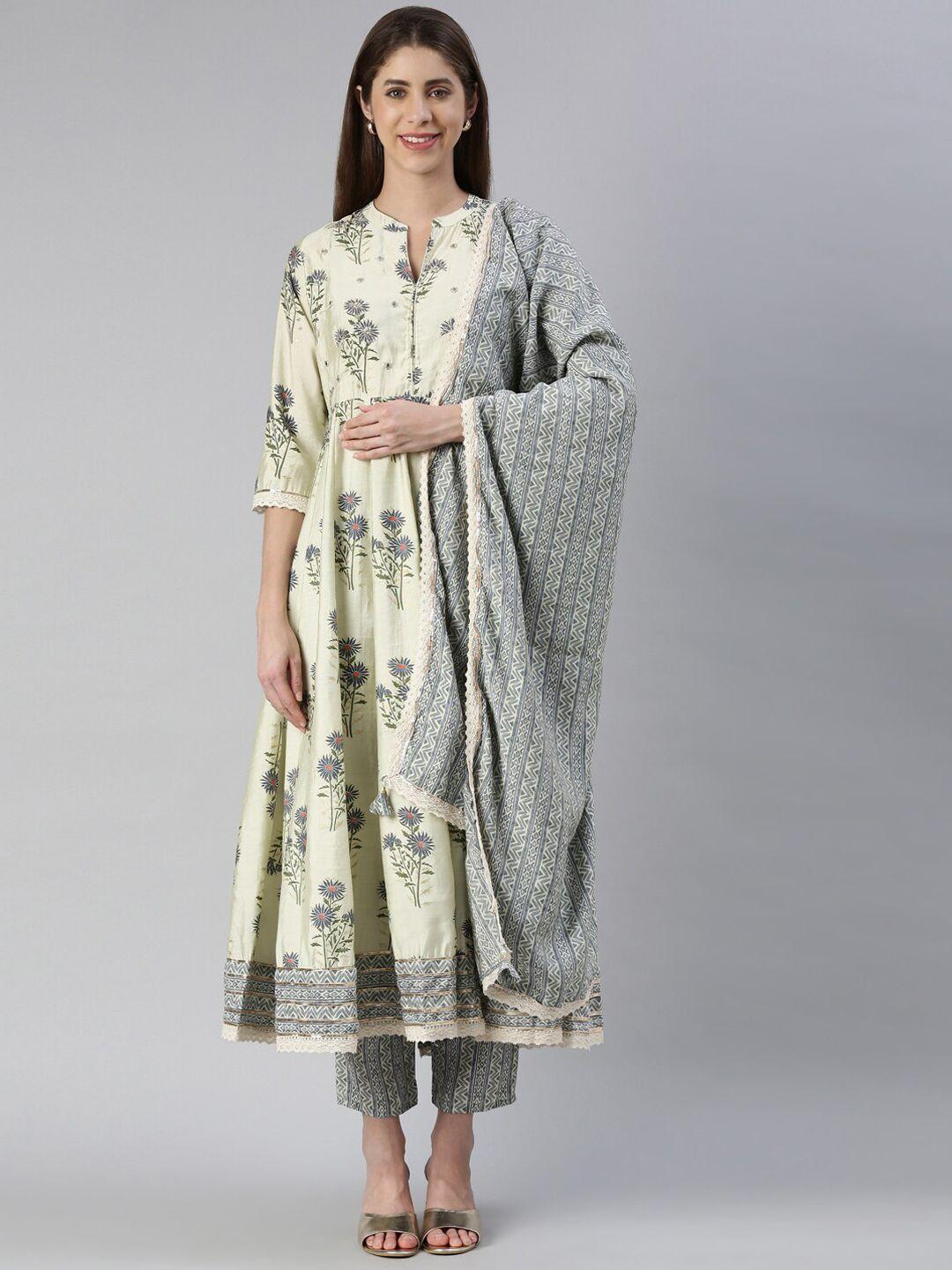 neerus floral printed mirror work anarkali kurta with trousers & dupatta