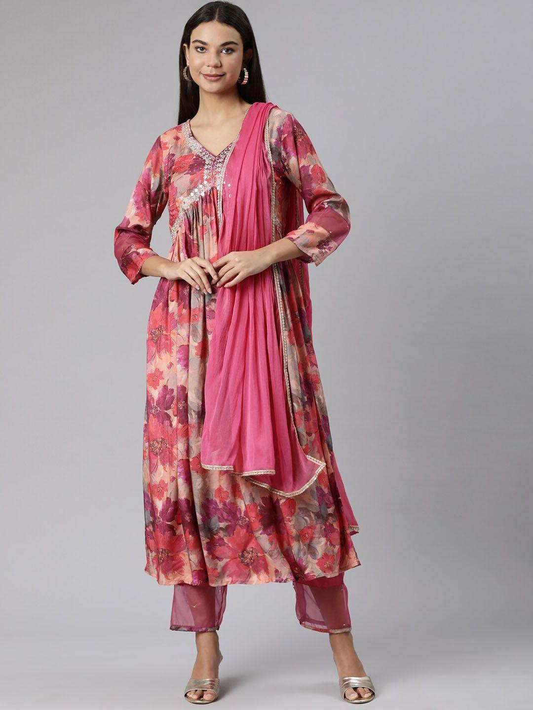 neerus floral printed mirror work empire kurta with trousers & dupatta