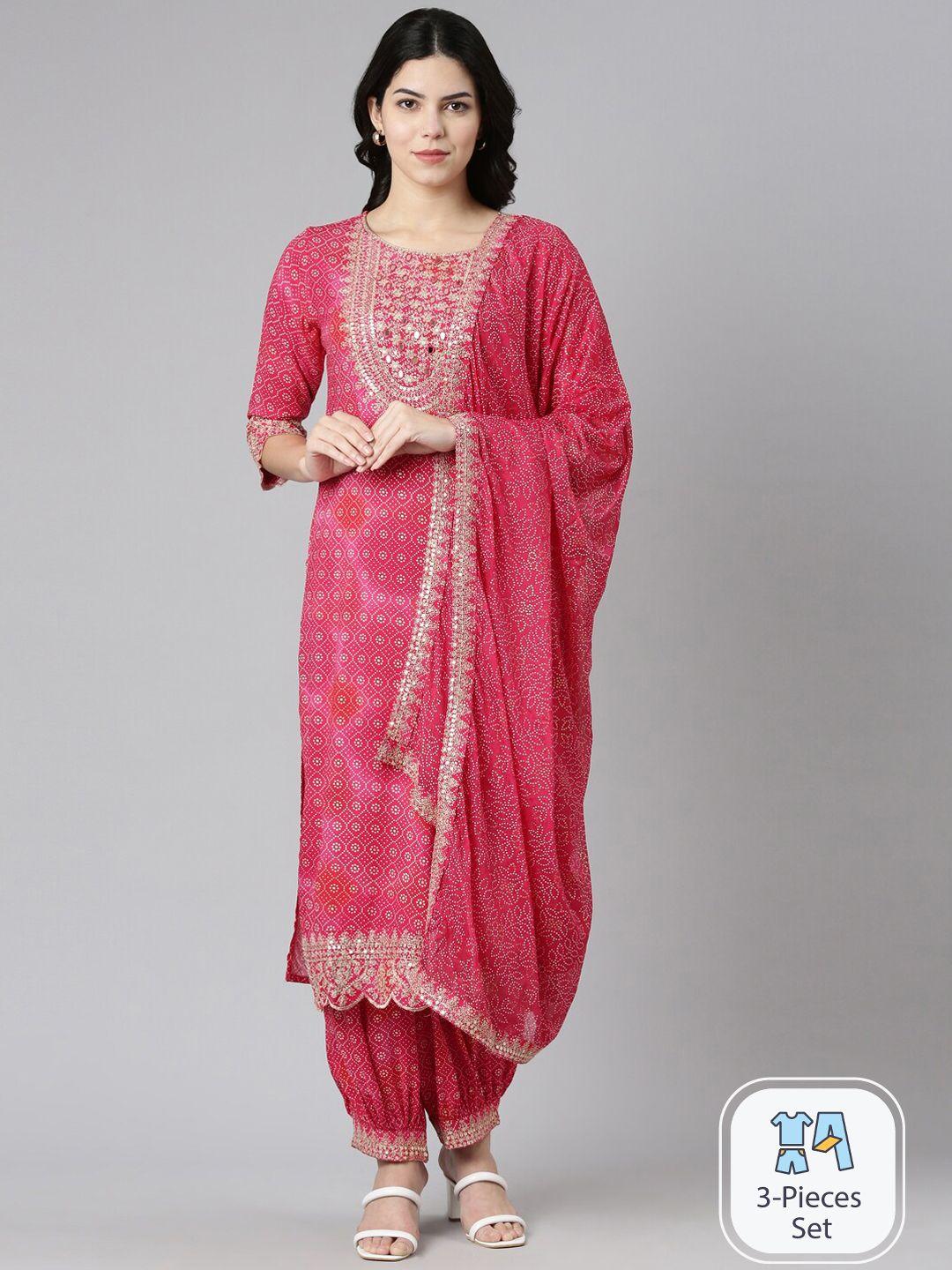 neerus floral printed mirror work kurta with salwar & dupatta