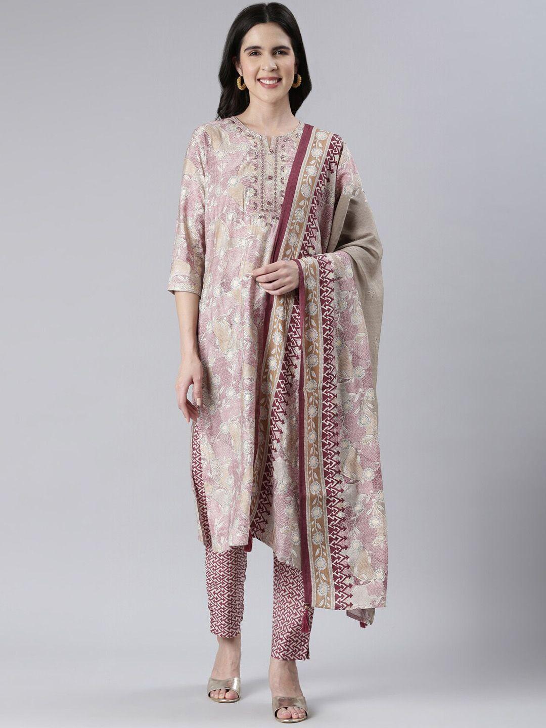 neerus floral printed mirror work kurta with trousers & dupatta