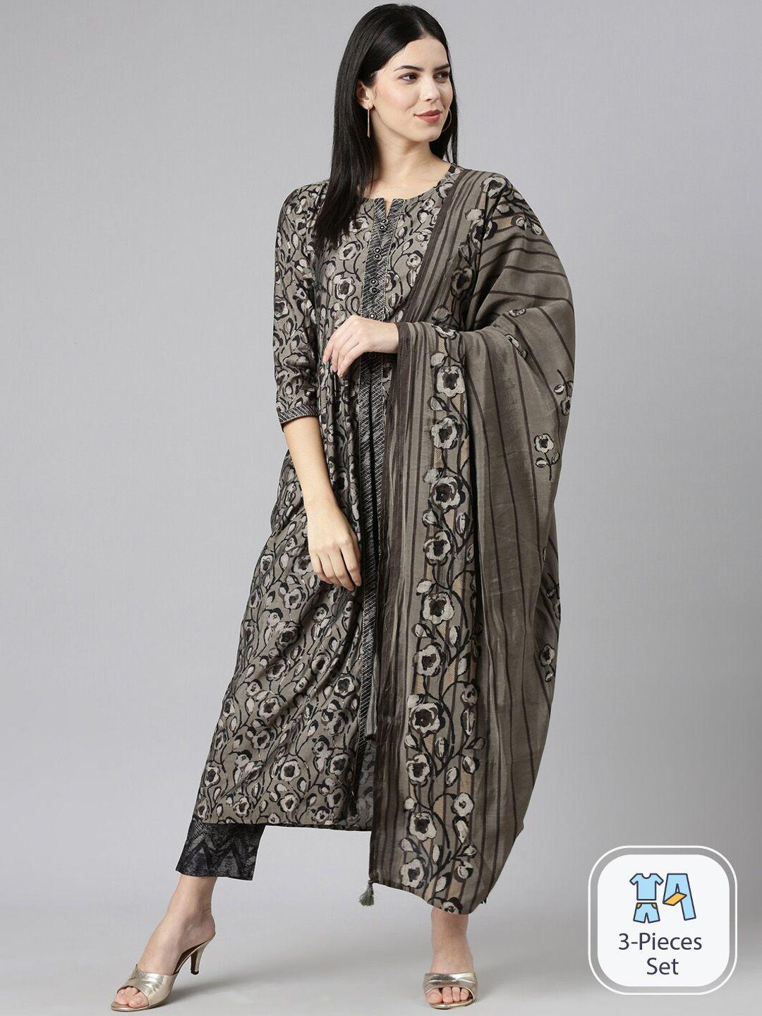 neerus floral printed pleated kurta with trousers & with dupatta