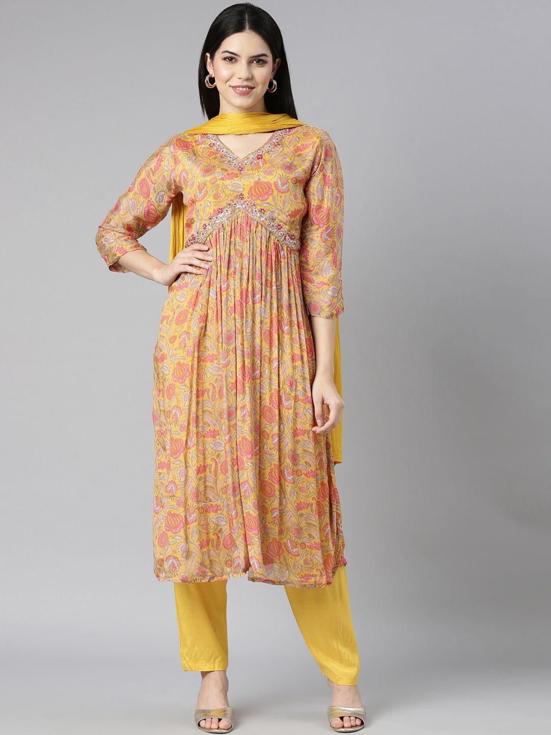 neerus floral printed regular beads and stones silk chiffon kurta with trouser & dupatta