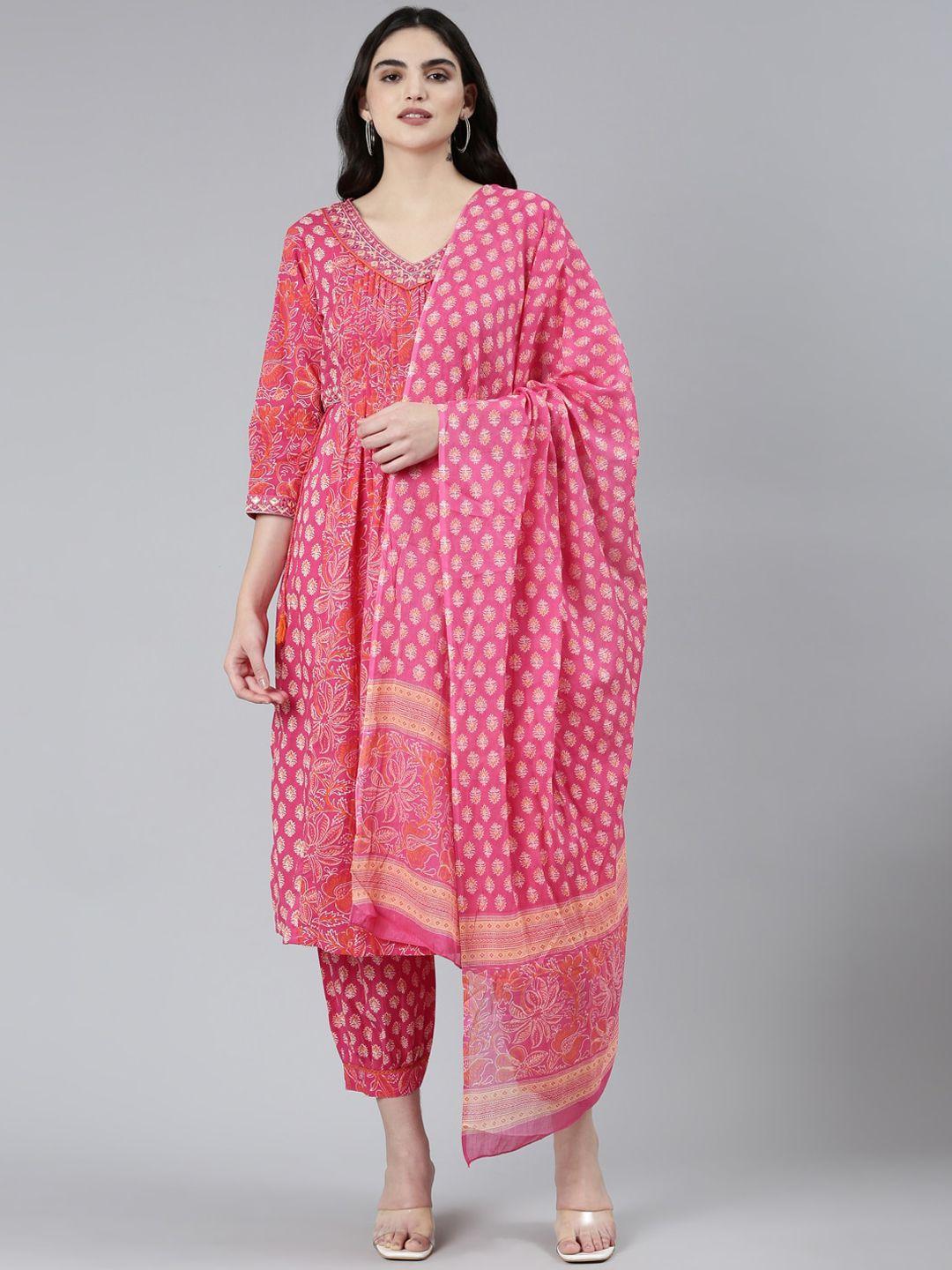 neerus floral printed regular mirror work pure cotton kurta with harem pants & dupatta