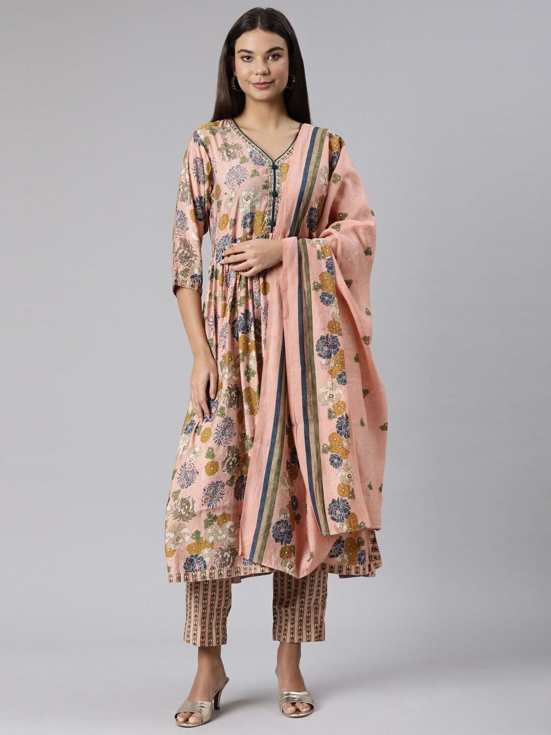 neerus floral printed regular sequinned empire kurta with trousers & with dupatta