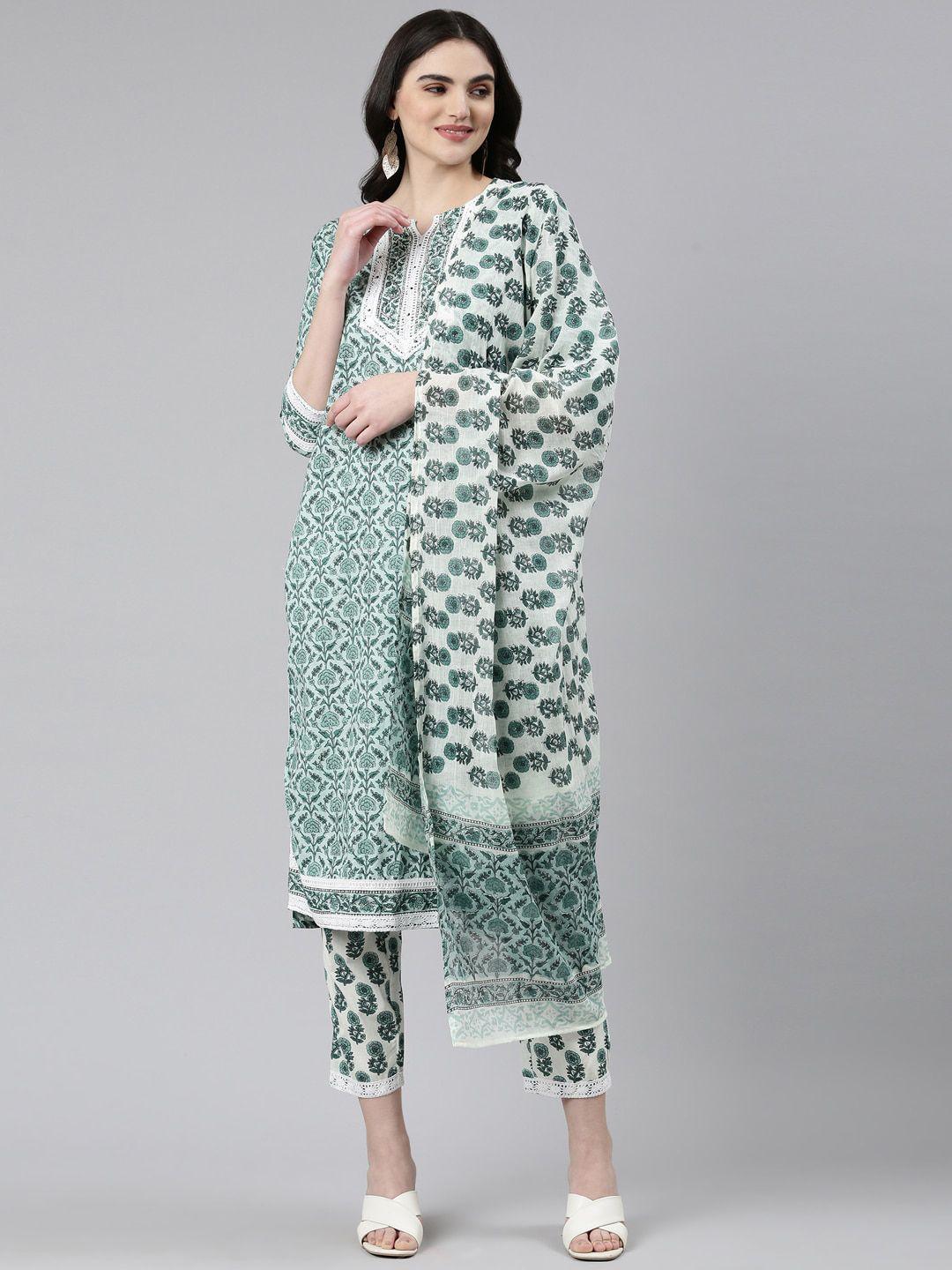 neerus floral printed regular sequinned pure cotton kurta with trousers & dupatta