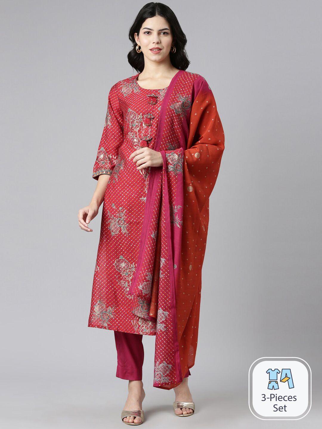 neerus floral printed regular thread work kurta with trousers & with dupatta