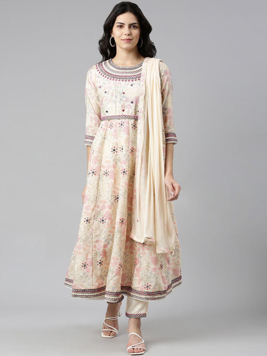 neerus floral printed regular thread work kurta with trousers & with dupatta