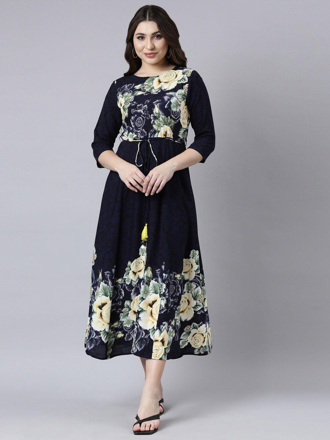 neerus floral printed round neck empire midi dress