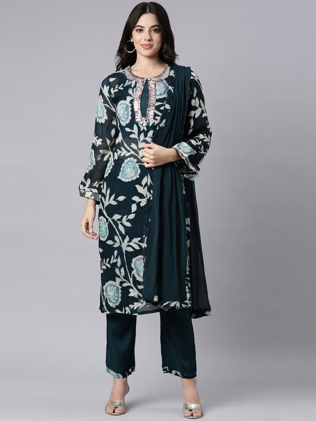 neerus floral printed round neck mirror work straight kurta with trousers & with dupatta