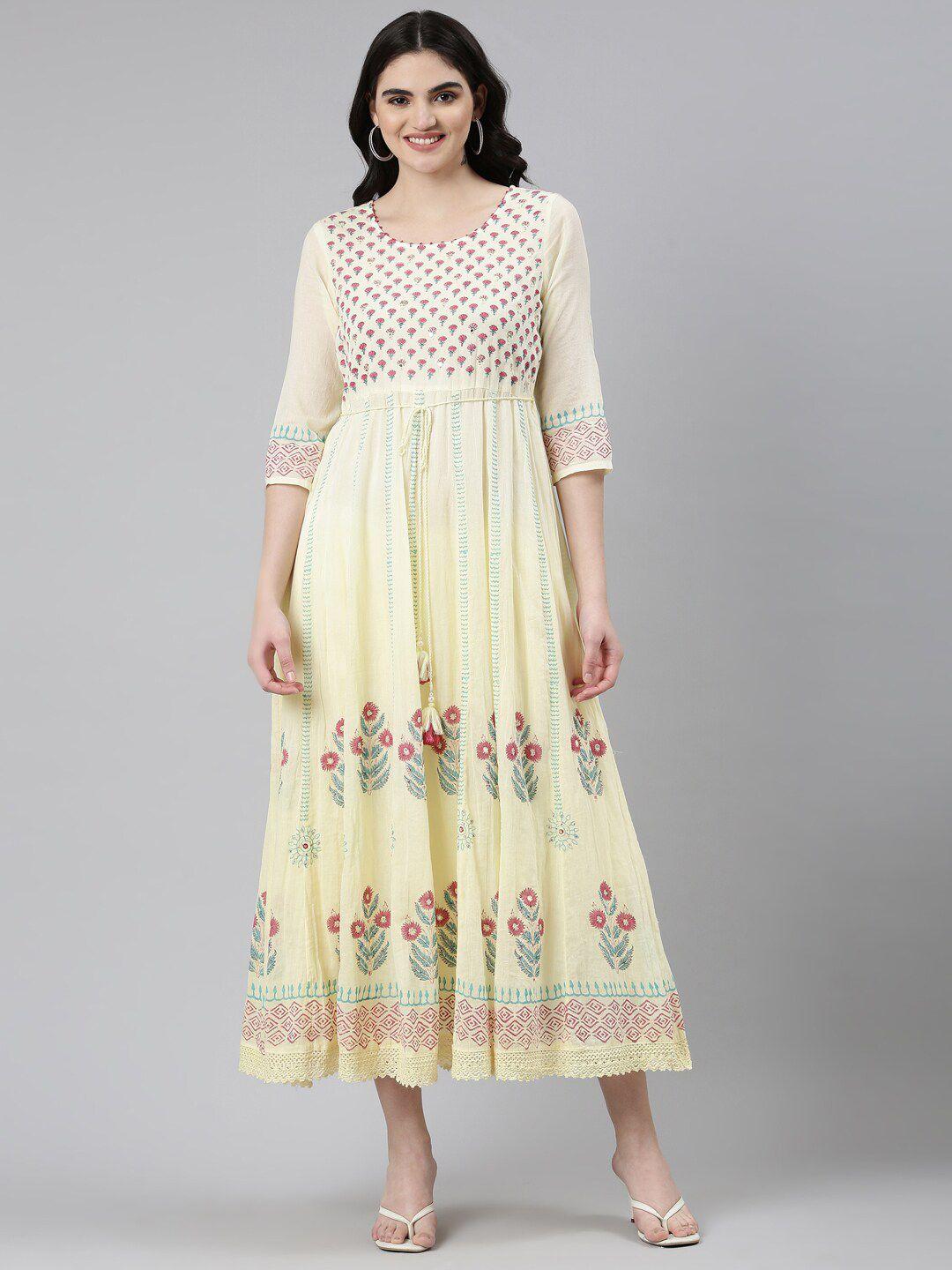 neerus floral printed round neck three-quarter sleeves cotton ethnic dress