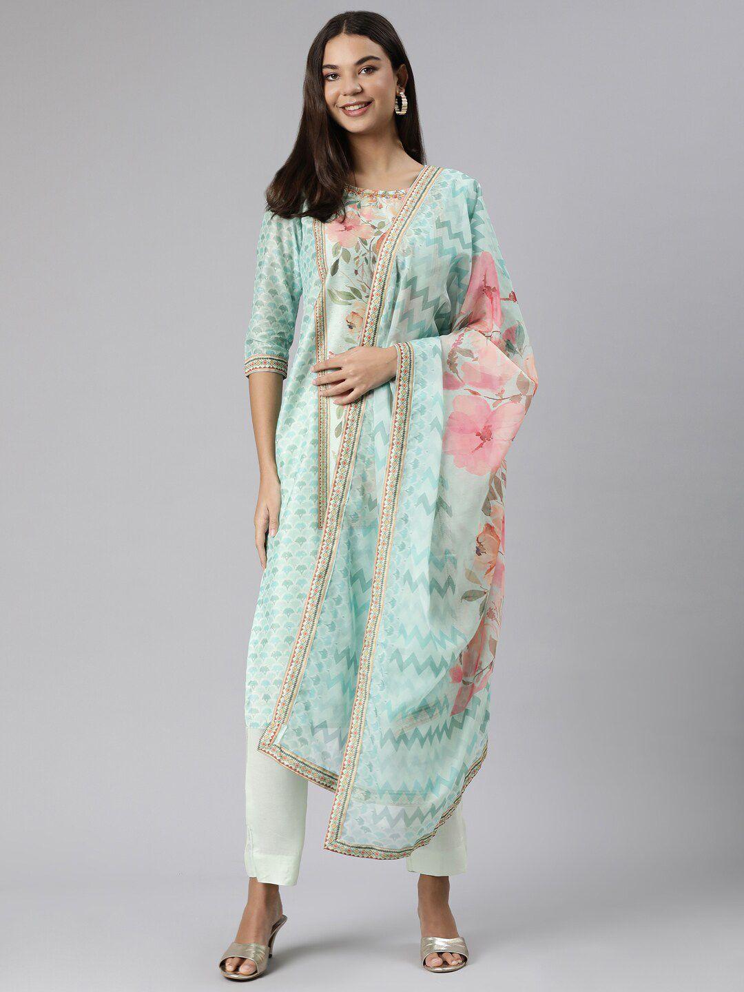 neerus floral printed straight kurta & trousers with dupatta