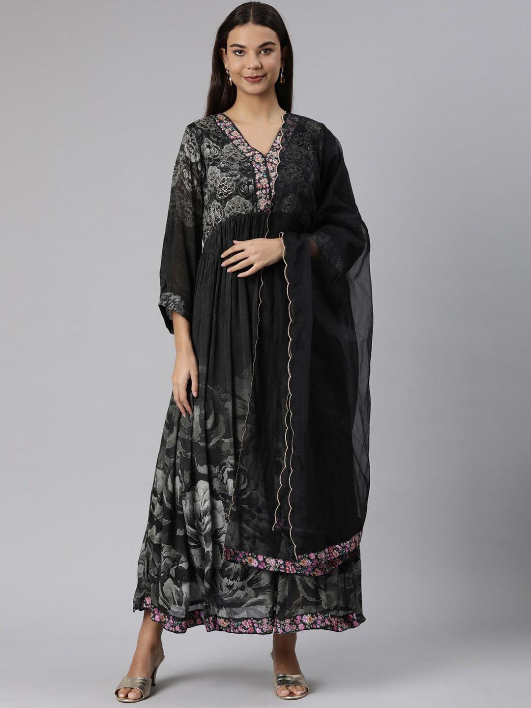 neerus floral printed thread work anarkali kurta with trousers & dupatta