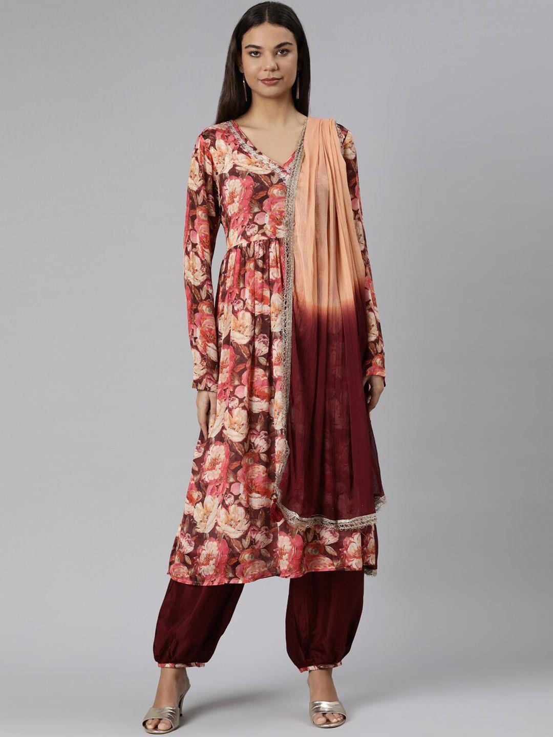 neerus floral printed thread work kurta & salwar with dupatta