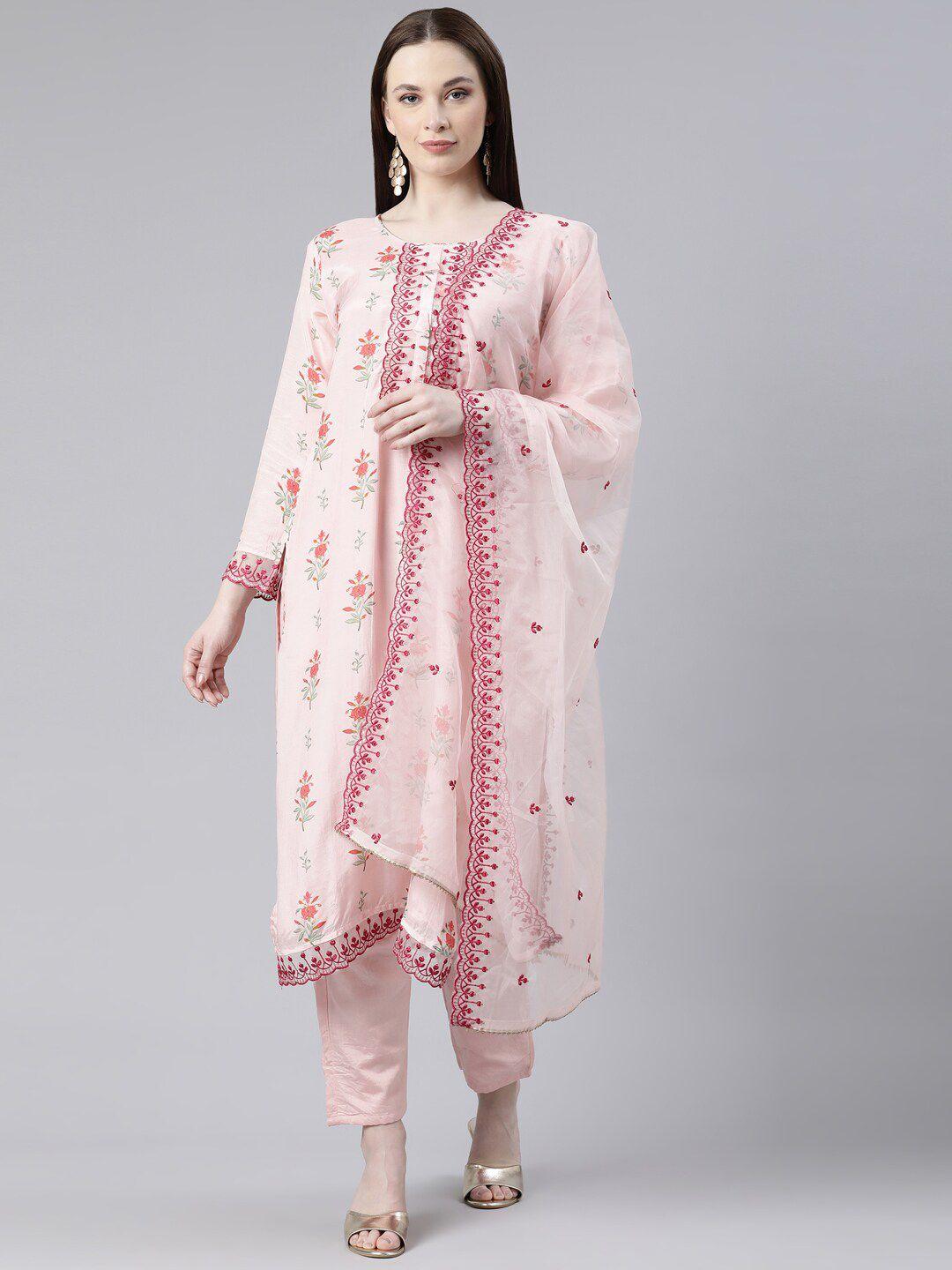 neerus floral printed thread work kurta with palazzos & dupatta