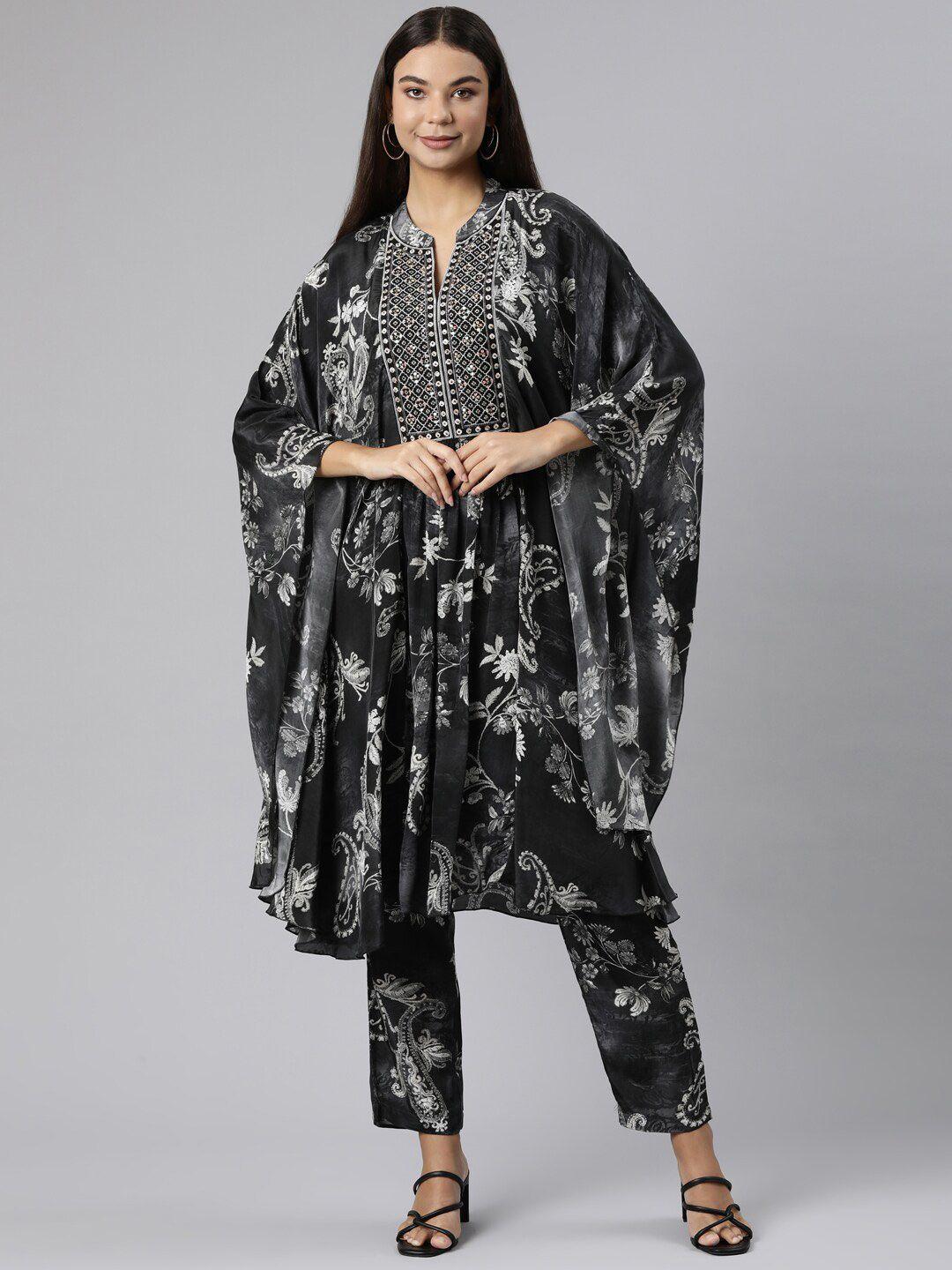 neerus floral printed thread work silk crepe kaftan kurta with trousers