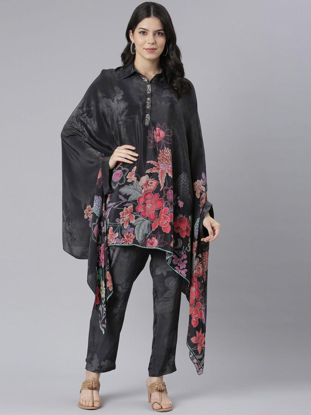 neerus floral printed thread work silk crepe kaftan kurta with trousers