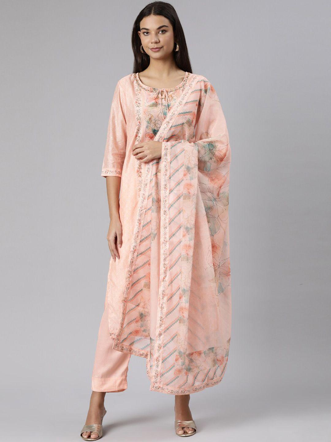 neerus floral printed tie-up neck beads & stones kurta with trousers & dupatta