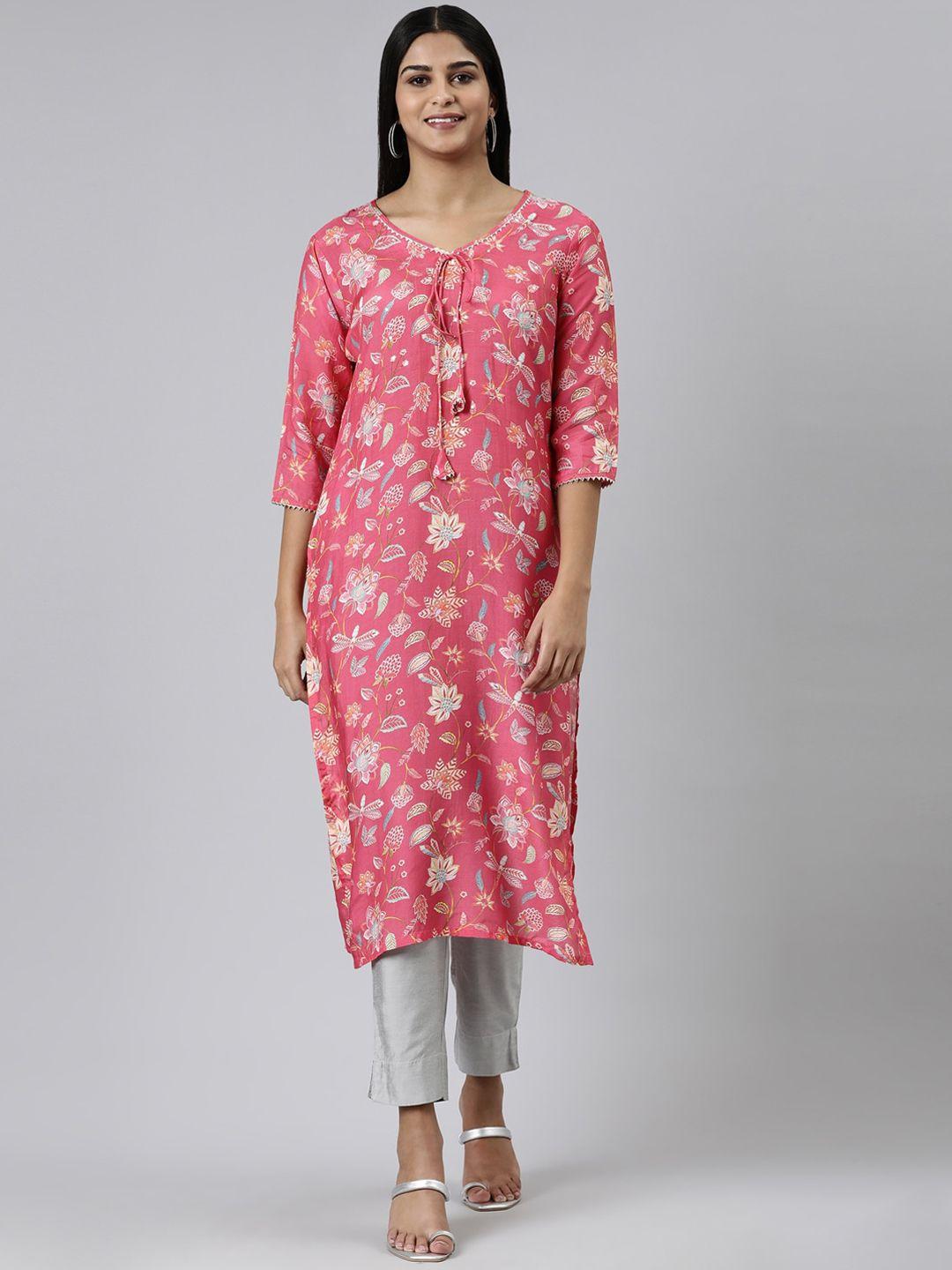 neerus floral printed tie-up neck cotton kurta