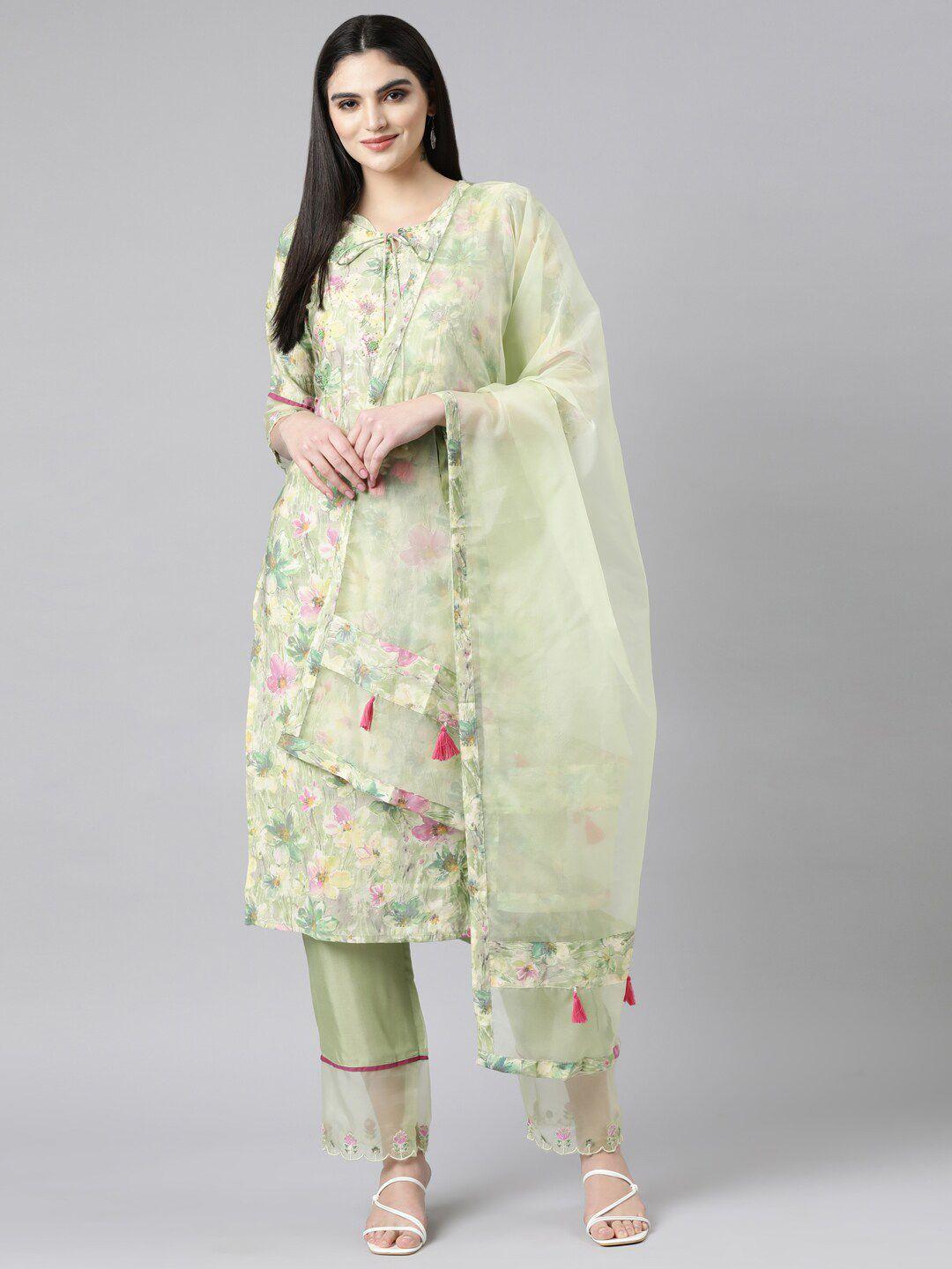 neerus floral printed tie-up neck straight kurta with trousers & dupatta