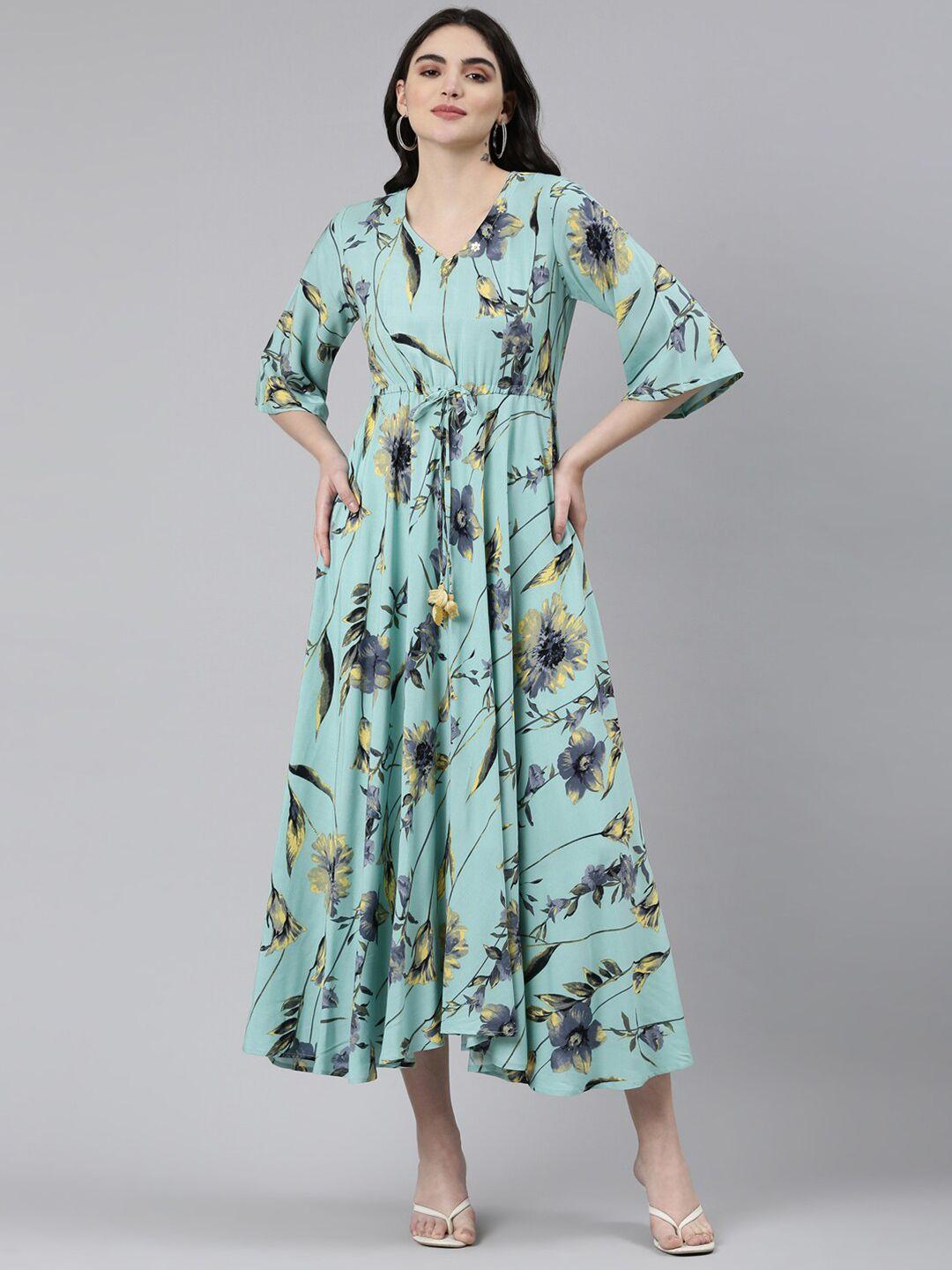 neerus floral printed v-neck detailed fit & flare midi dress