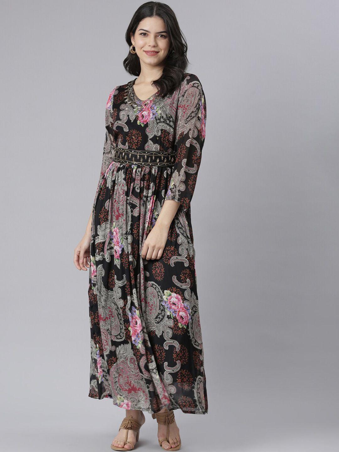 neerus floral printed v-neck embellished cotton fit & flare maxi dress