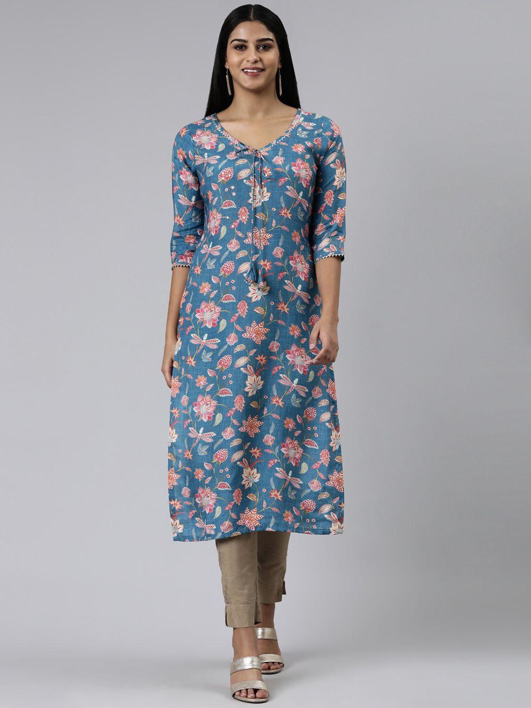 neerus floral printed v neck sequinned cotton kurta