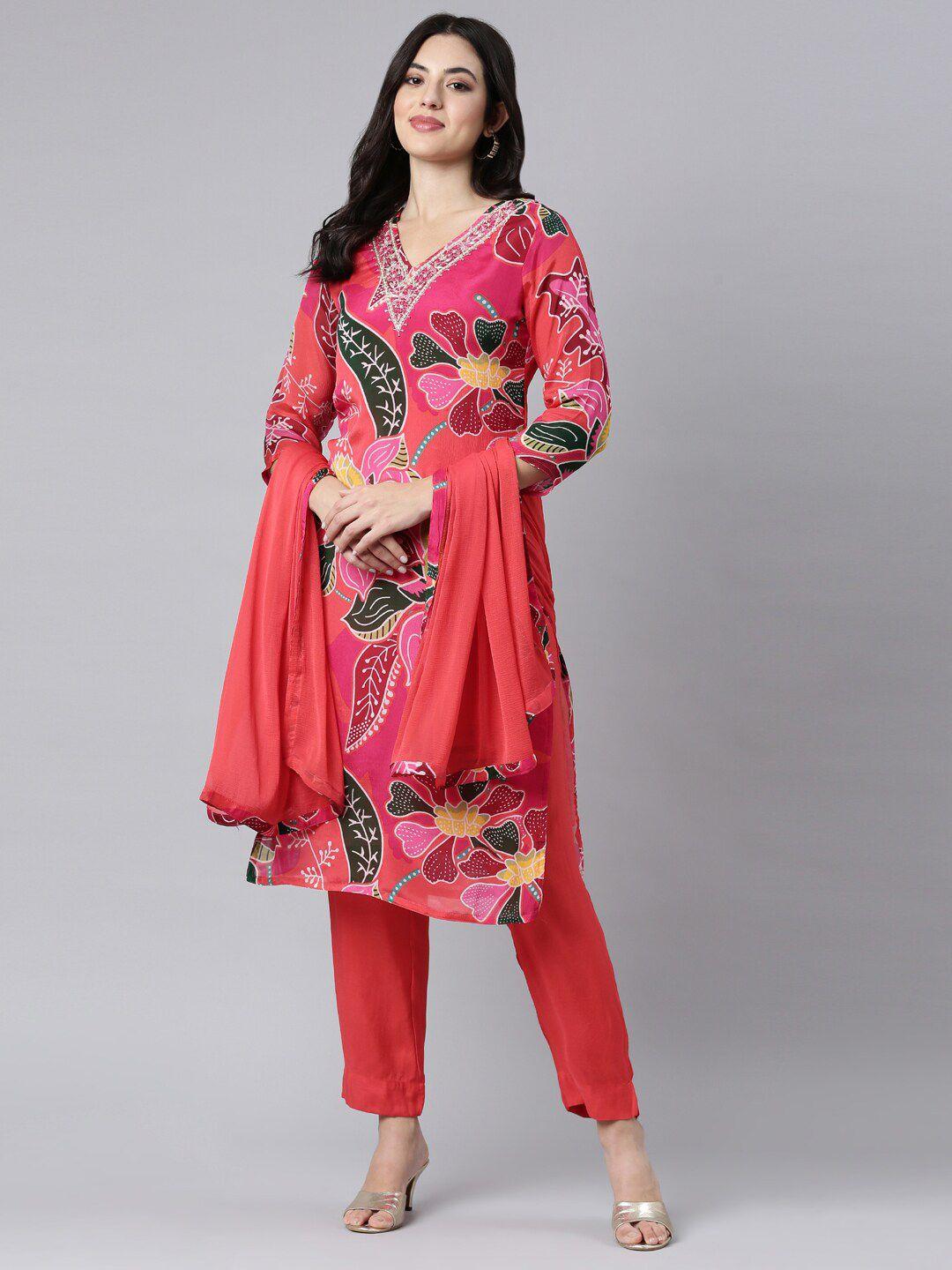 neerus floral printed v-neck thread work silk crepe straight kurta with trousers & dupatta