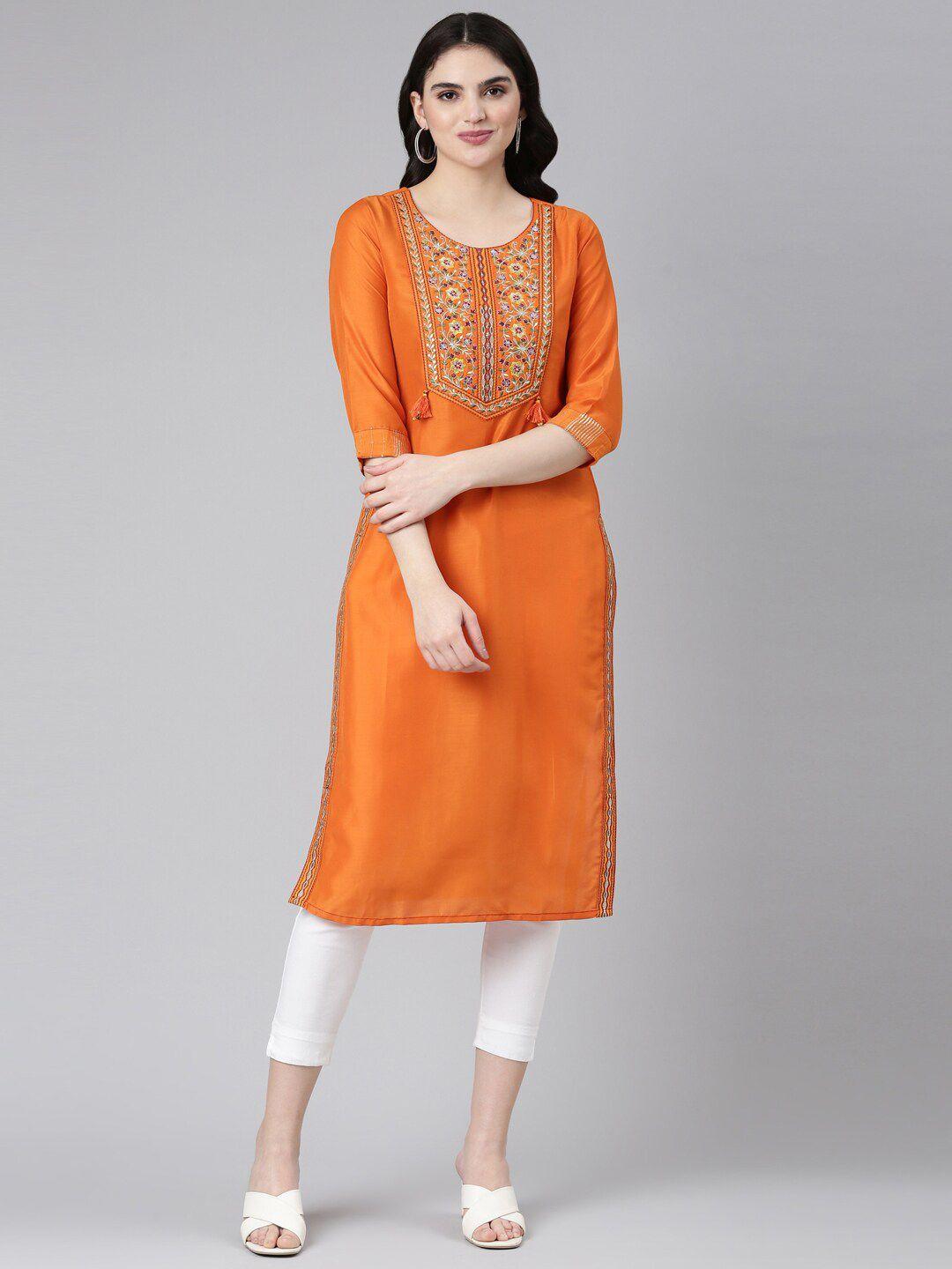 neerus floral thread work yoke design straight kurta