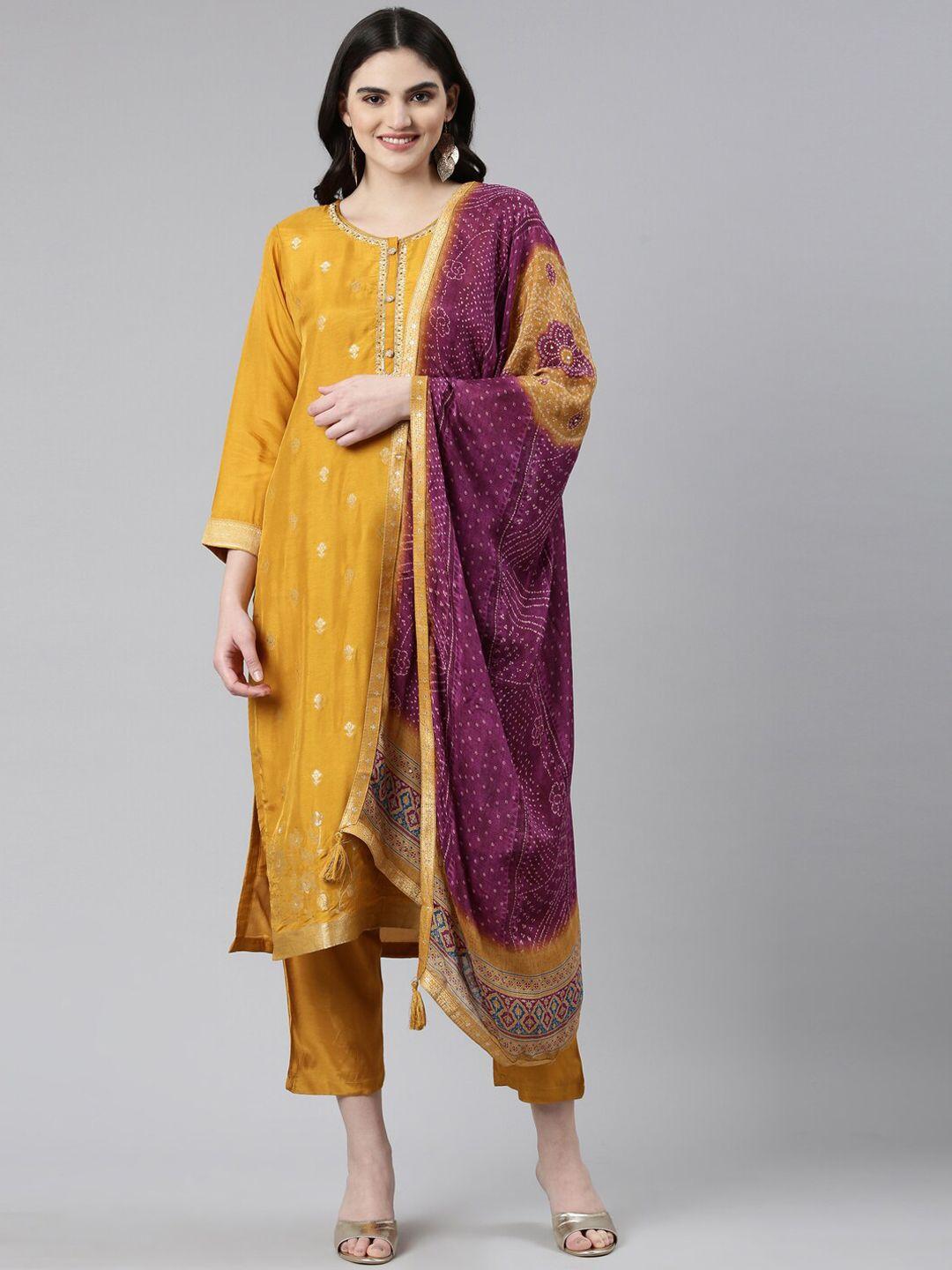 neerus floral woven design sequinned dupion silk kurta with trousers & dupatta
