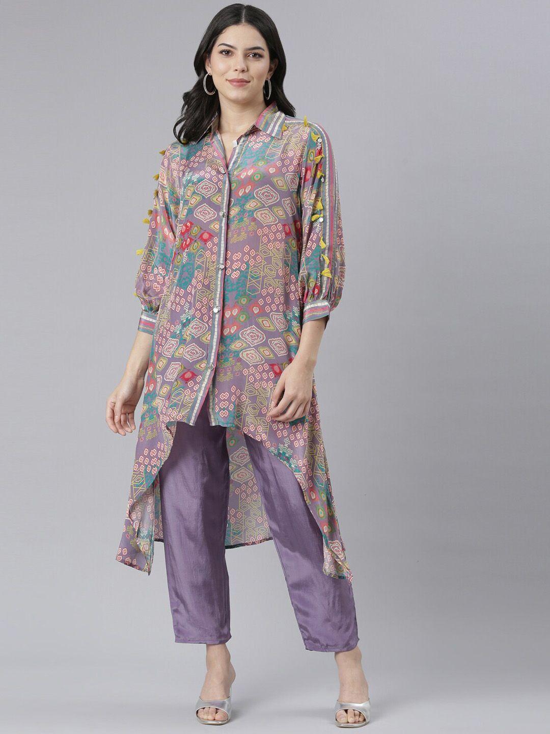 neerus geometric printed regular a-line kurta with trousers