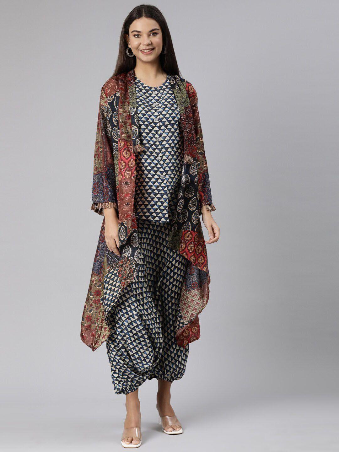 neerus geometric printed sleeveless raw silk top with harem pants & jacket