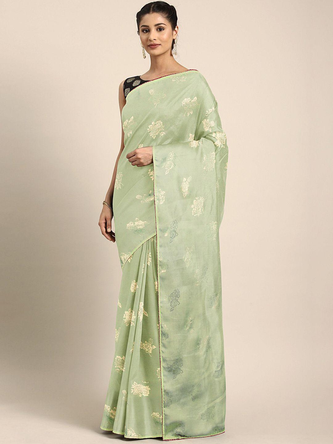 neerus green & cream-coloured poly crepe floral printed saree