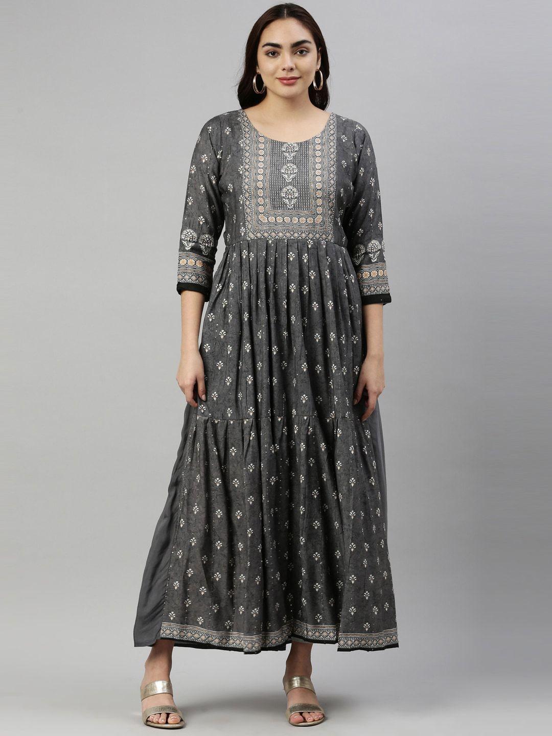 neerus grey ethnic modal maxi dress