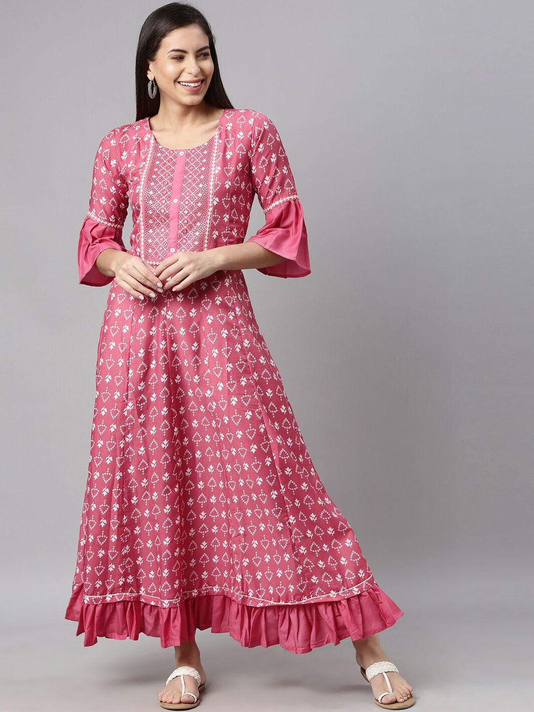 neerus magenta floral ethnic a-line silk maxi dress