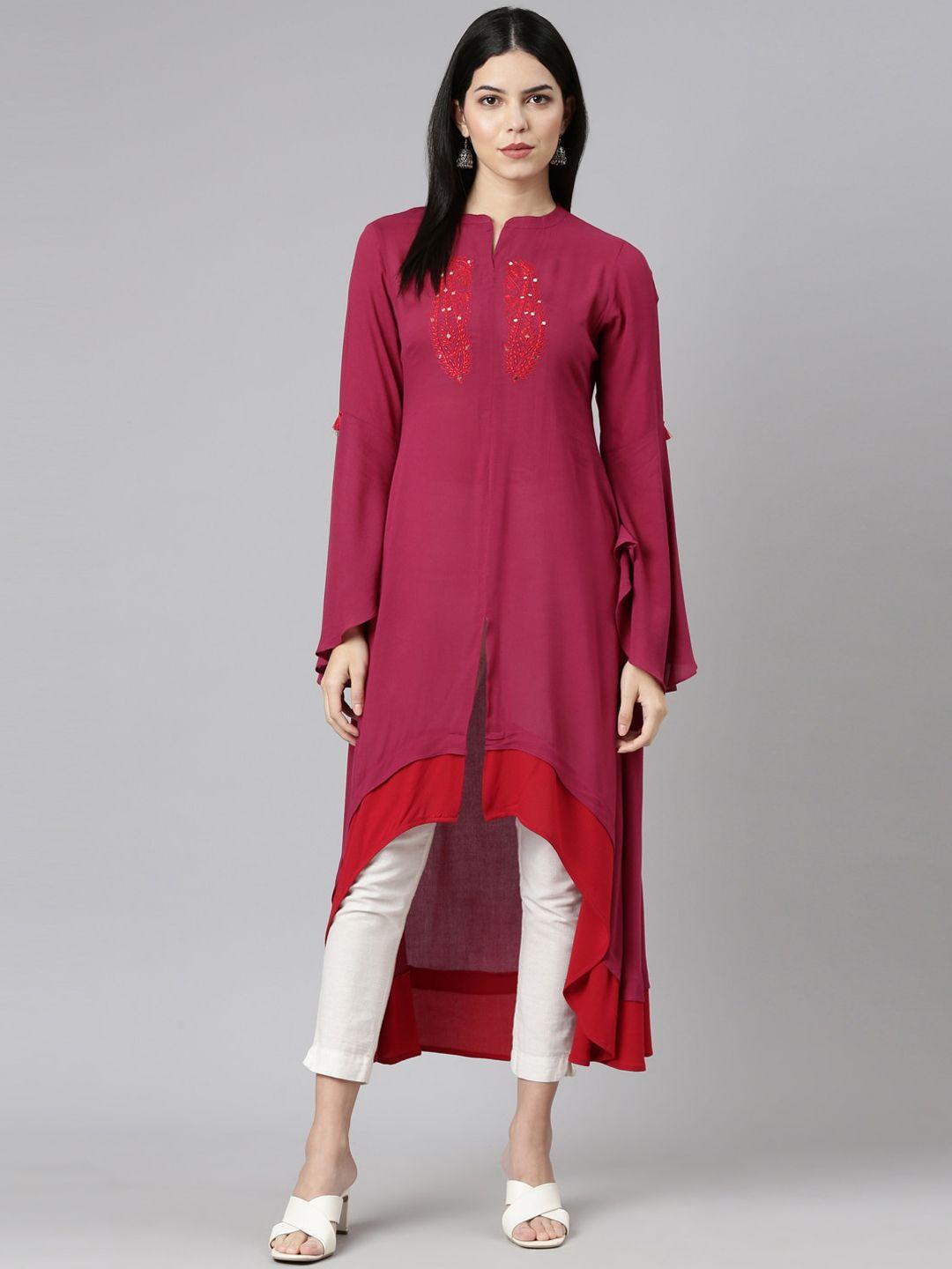 neerus mandarin collar asymmetric hem flared sleeves a-line kurta