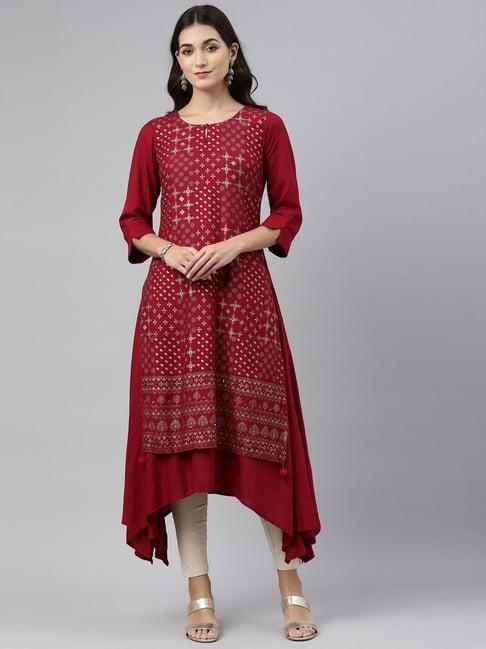 neerus maroon cotton printed a line kurta