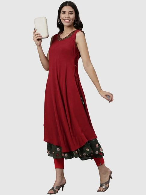 neerus maroon embroidered a line kurta