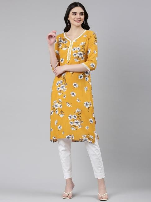 neerus mustard printed straight kurta