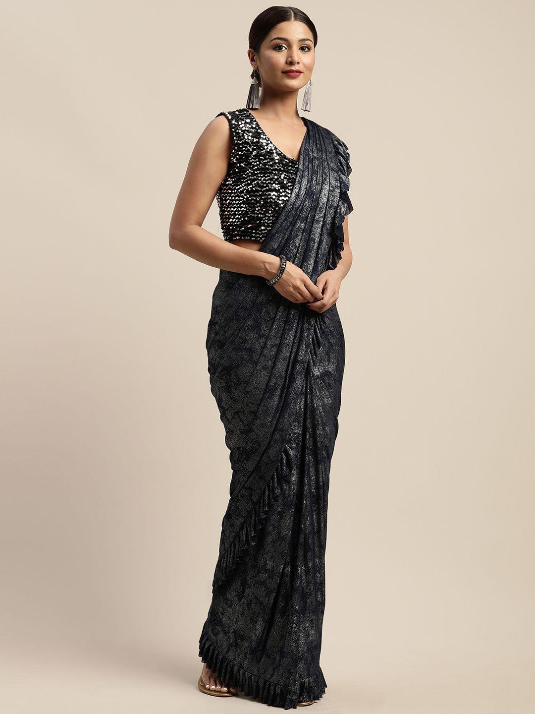 neerus navy blue & silver-coloured viscose rayon printed ready to wear saree