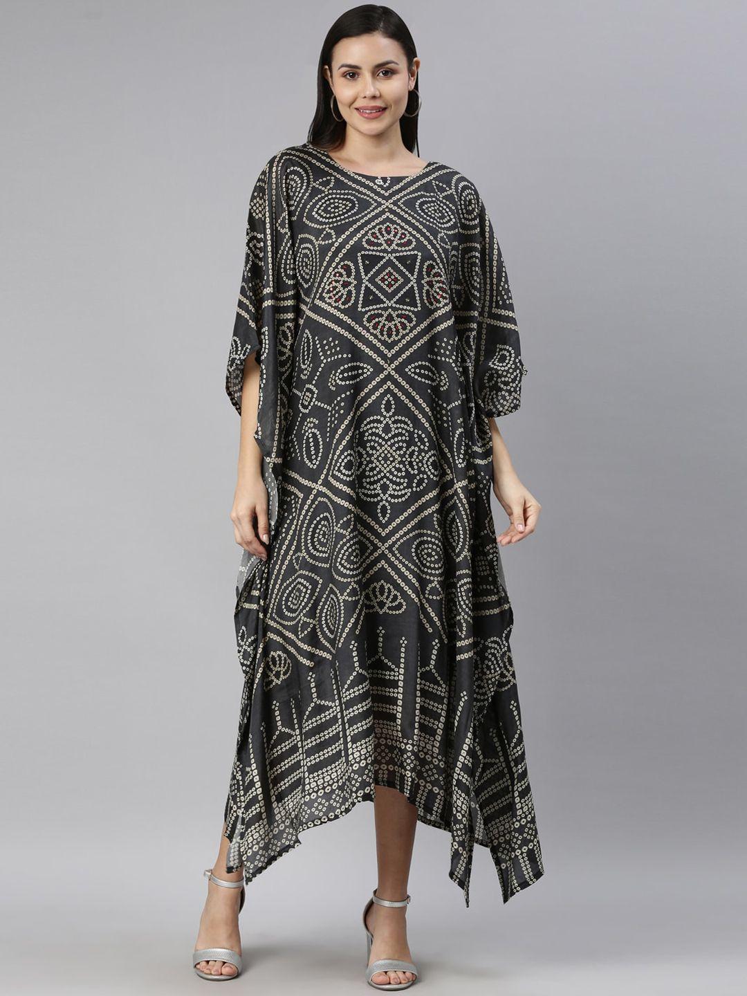 neerus olive green & white kaftan maxi dress