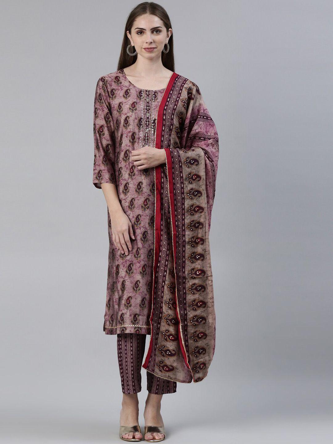 neerus paisley printed sequinned straight kurta with trousers & dupatta