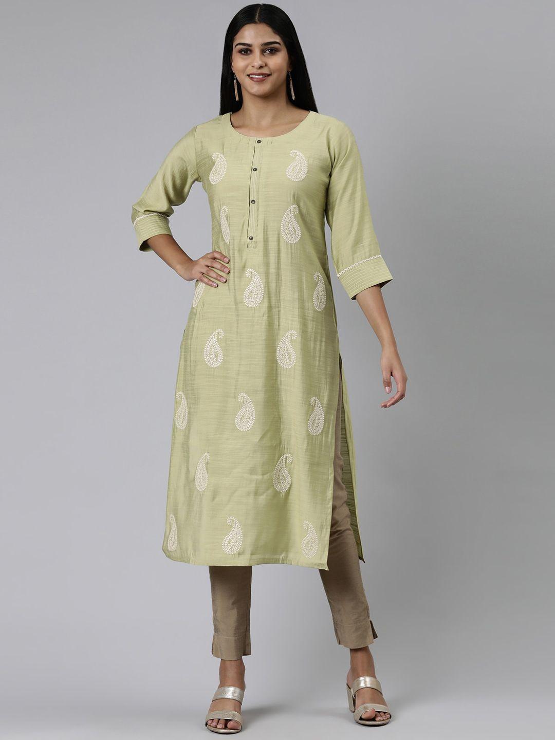 neerus paisly embroidered chikankari straight cotton kurta