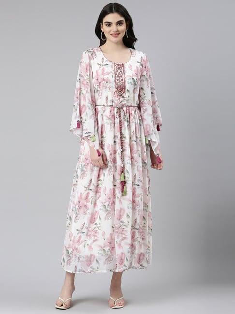 neerus pink & white printed kaftan dress