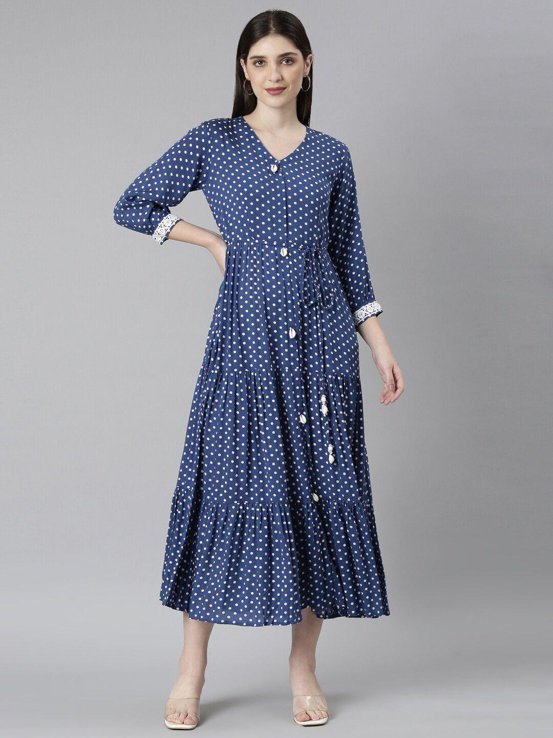 neerus polka dot printed v-neck tie-ups fit & flare maxi dress