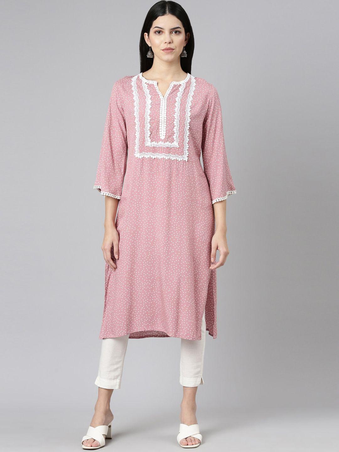 neerus polka dots printed yoke lace up flared sleeves straight kurta