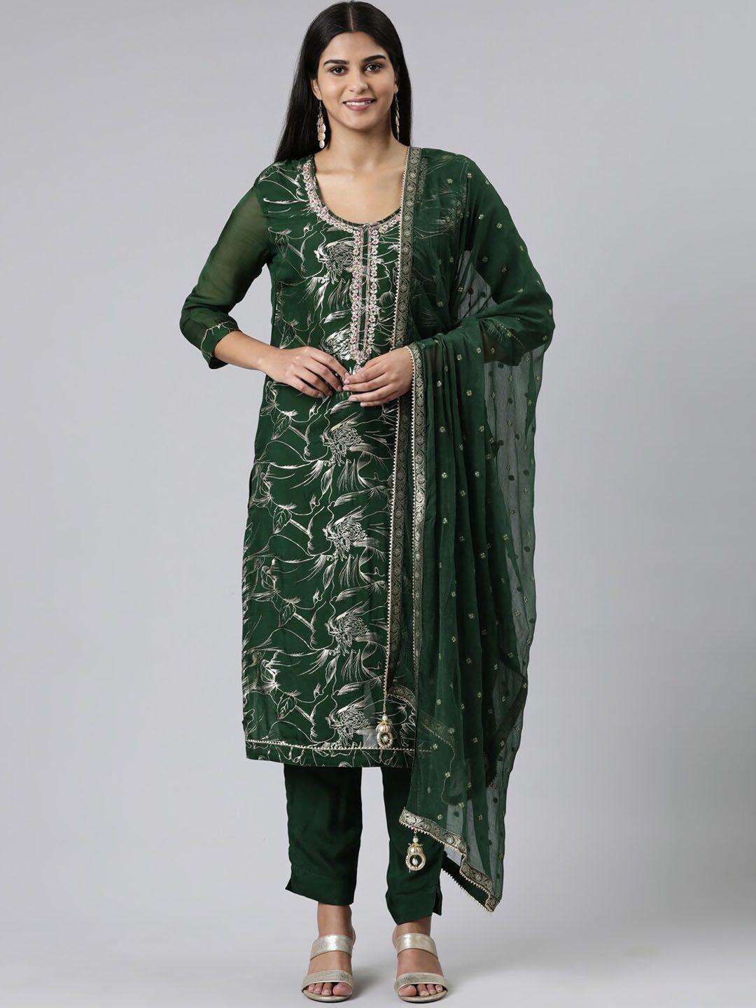 neerus printed beads and stones chanderi cotton kurta with trousers & with dupatta