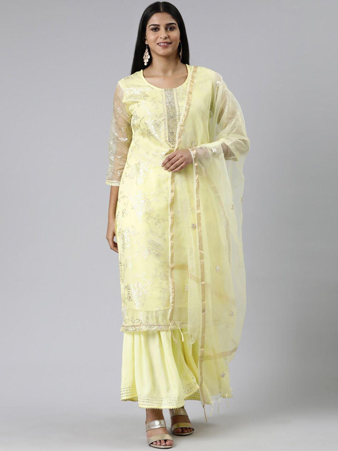 neerus printed chanderi cotton kurta with palazzos & with dupatta