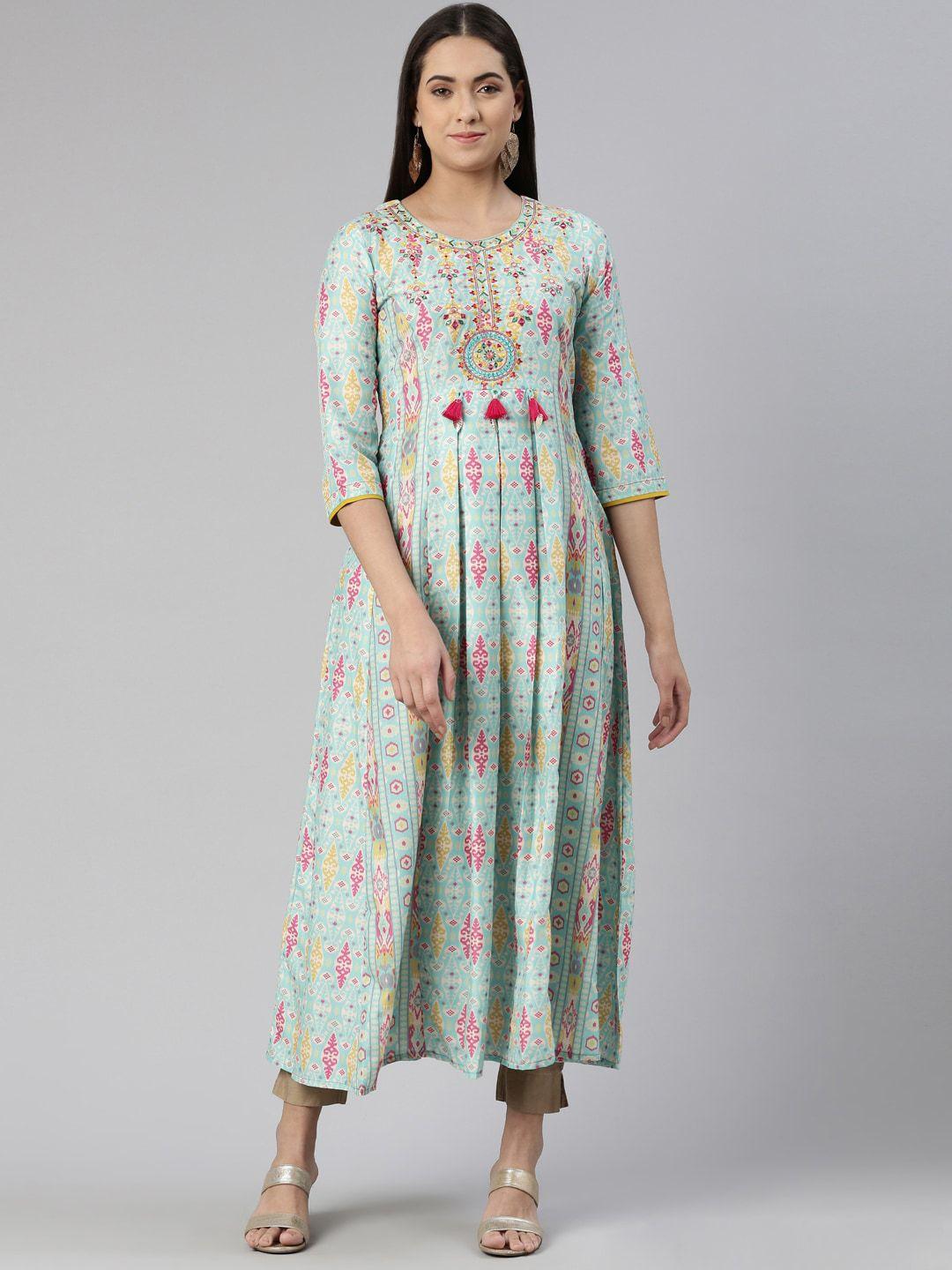 neerus round neck floral printed ethnic maxi cotton dress