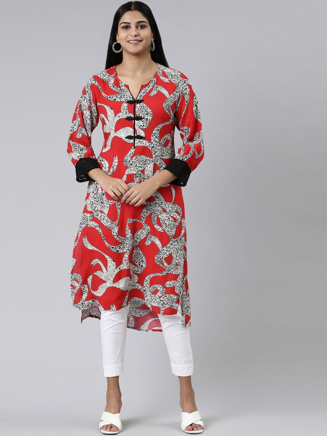 neerus v-neck abstract printed high-low a-line kurta